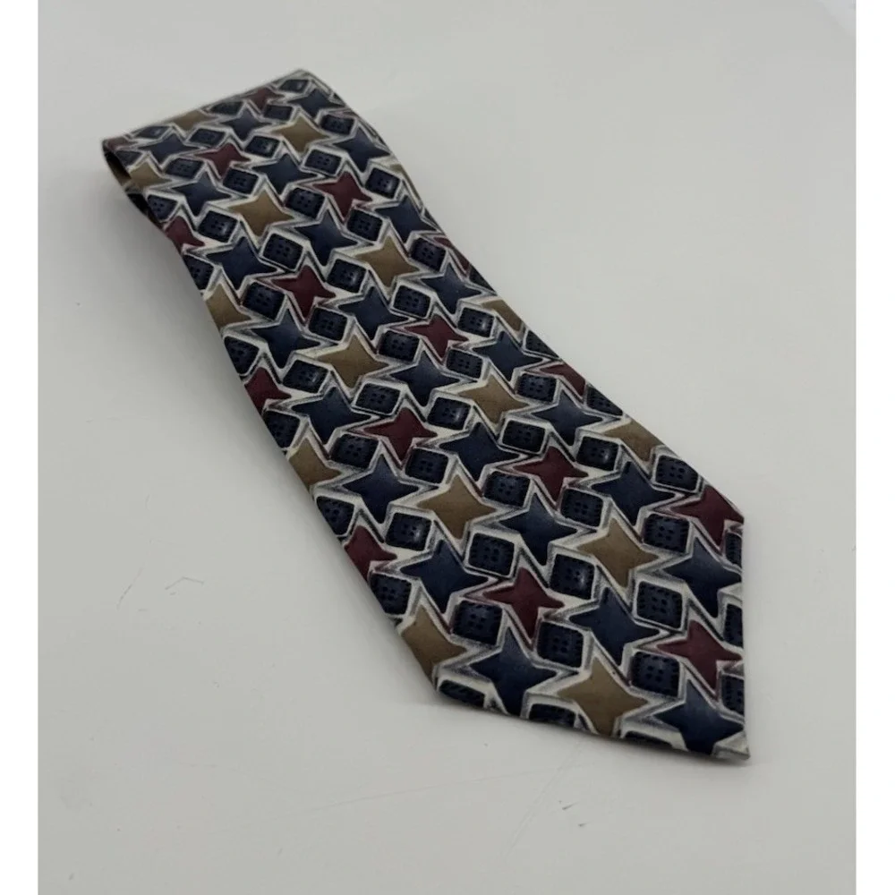 NWOT Vintage Pierre Cardin Silk Tie Blue Burgundy Geometric Wide Designer 90's